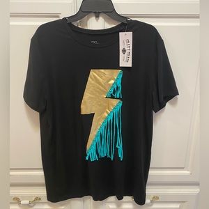 Crazy Train Struck ‘‘Em Tee Lightning Fringe Black Turquoise Women’s NWT L